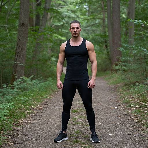 Photograph of a muscular, fair-skinned man with dark hair in a black tank top and leggings, standing on a forest path.