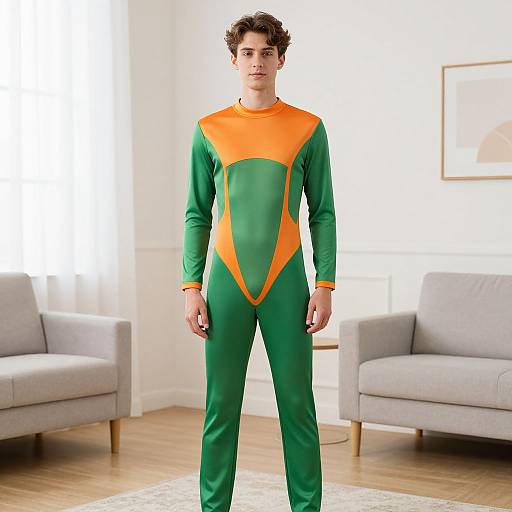 Photograph of a young man with curly brown hair, wearing a green and orange superhero-style bodysuit, standing in a bright, modern living room