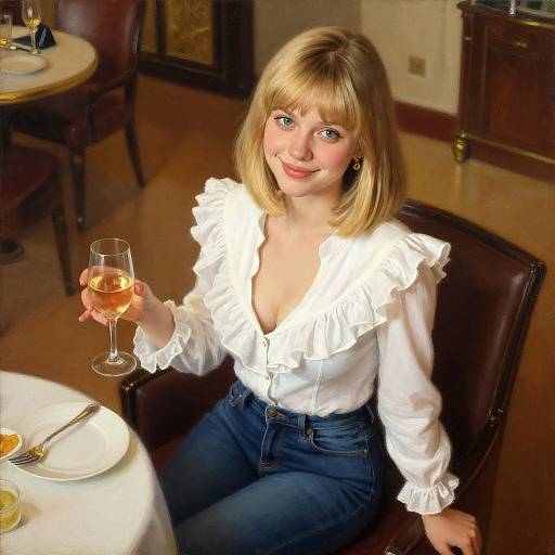 Photograph of a blonde woman with blue eyes, wearing a white ruffled blouse and blue jeans, holding a glass of rosé in a warmly lit