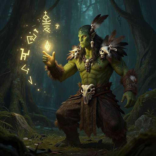Digital artwork of a muscular, green-skinned orc warrior with tribal armor, skull adornments, and feathers, casting glowing runes in a dark, mist