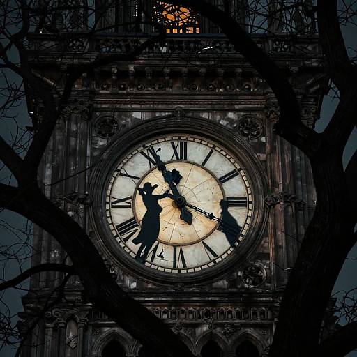 Photograph of a Gothic clock tower at night, silhouetted against a glowing clock face with two dancing figures, framed by dark, leafless