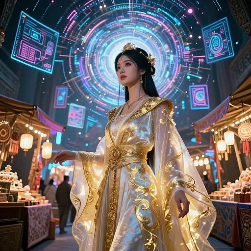 Digital artwork of an Asian woman in a glowing, golden-embroidered white robe, standing in a neon-lit, futuristic market.