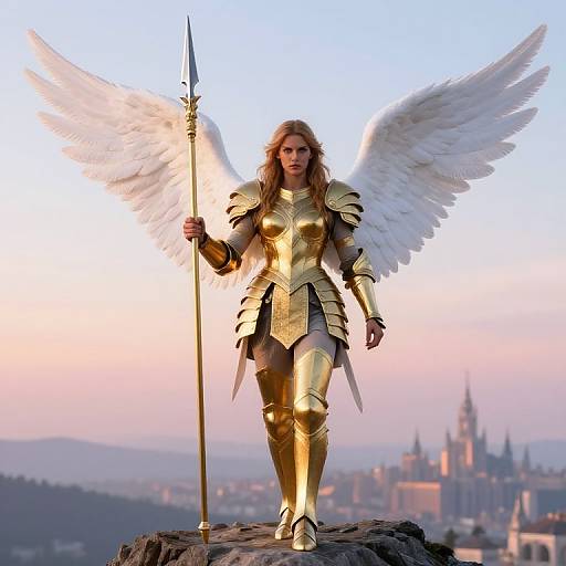Angel warrior with golden armor and white wings, holding spear, stands on rocky outcrop, with castle cityscape in background. Photograph.