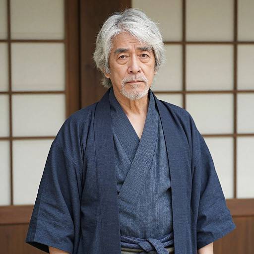Photograph of an elderly Asian man with gray hair and beard, wearing a dark blue kimono, standing in front of a traditional Japanese shoji screen