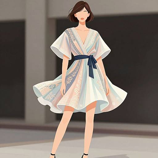 Digital CGI of a faceless woman with short brown hair, wearing a white, lace-trimmed, V-neck dress with a navy blue belt,