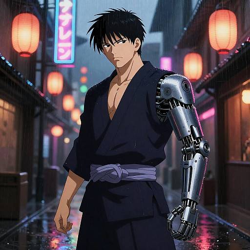 Weathered Cybernetic Ronin in Neon Rain