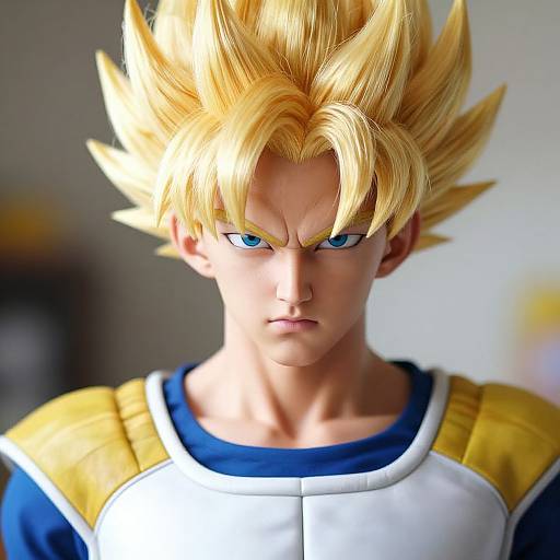 Digital portrait of Son Goku from Dragon Ball Z, with spiky blonde hair, blue eyes, and a serious expression, wearing a white and yellow gi