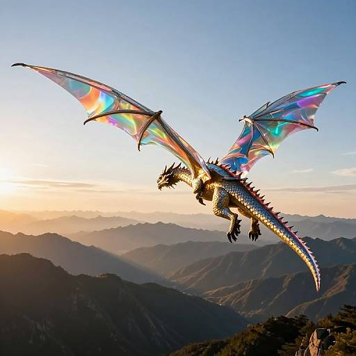 Photograph of a vibrant, iridescent dragon with rainbow wings soaring over a mountain range at sunrise, casting a radiant glow.