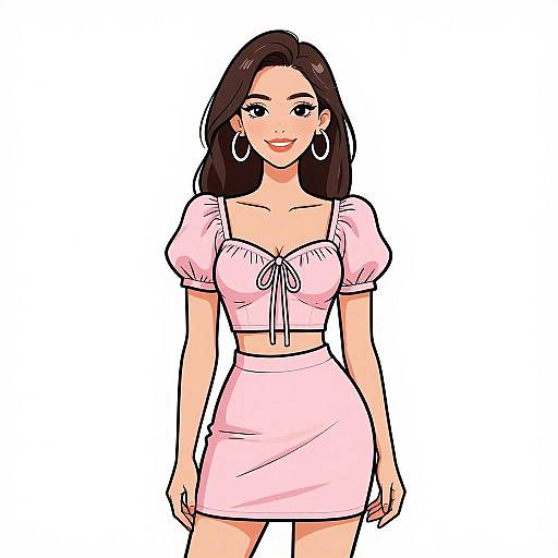 Digital illustration of a smiling woman with long brown hair, wearing a pink crop top and matching skirt, large hoop earrings, and standing against a white background