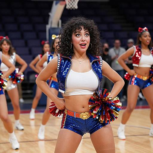 Photograph of a curly-haired black cheerleader with a surprised expression, wearing a sequined blue vest, white crop top, and blue shorts, holding