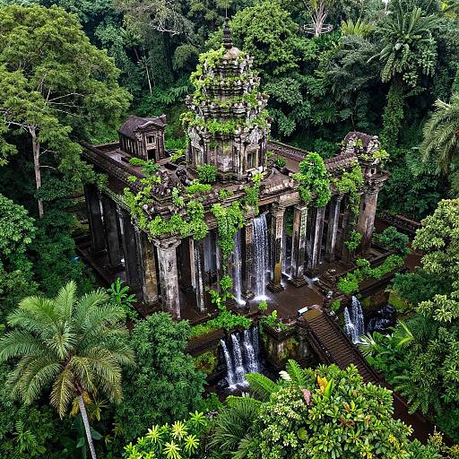 Aerial photograph of an ancient, lush, jungle-covered temple with cascading waterfalls and verdant greenery, surrounded by dense tropical foliage.