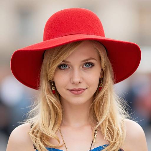 Photograph of a young blonde woman with blue eyes, wearing a vibrant red wide-brimmed hat, blue top, gold earrings, and subtle makeup