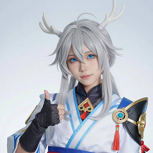 Anime Cosplayer with Silver Hair and Horns