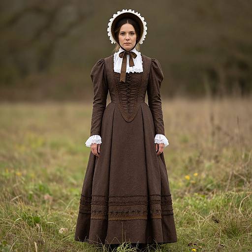Photograph of a pale-skinned woman in a Victorian-style black dress with white lace trim, standing in a grassy field. She wears a white