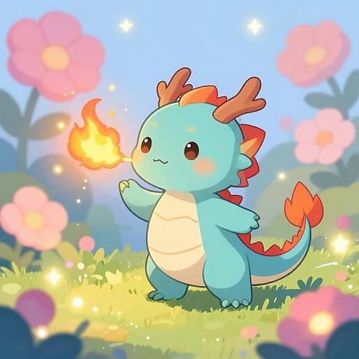 Cute, cartoon dragon with blue skin, red spines, and small antlers, blowing a small flame, standing in a colorful, sparkly