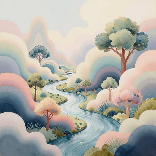 Whimsical digital painting of a winding blue river through pastel-colored, cloud-like hills with stylized trees and vibrant, soft hues.