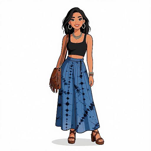 Digital illustration of a smiling woman with dark hair, wearing a black crop top, blue star-patterned high-waisted skirt, hoop earrings, bracelet