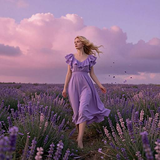 Blonde woman in flowing lavender dress walks through vibrant purple lavender field at sunset, pink and purple clouds in the sky.