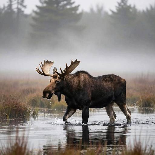 Moose Wading Through Foggy Swamp