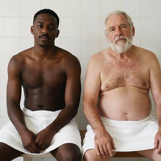 Two Men Relaxing on Tiled Bench