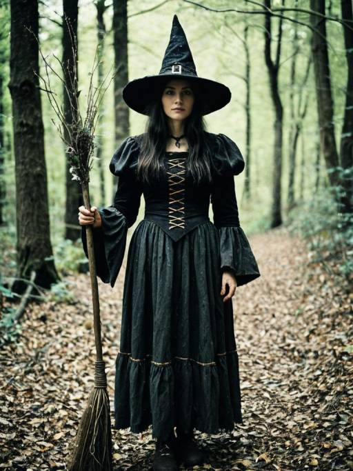 Woman in Woodland Witch Costume with Broomstick