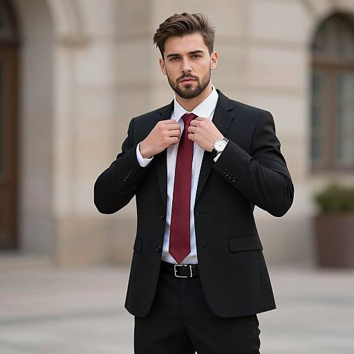 Photograph of a handsome, bearded man in a black suit, white shirt, and maroon tie, adjusting his tie outside a stone building.