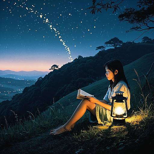 Girl Reading with Lantern on Hill at Dawn