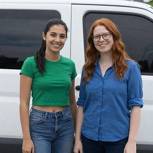 Two Women Standing by White Van