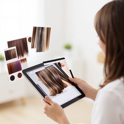 Photograph of a woman with brown hair, wearing a white shirt, using a tablet to select and edit digital hair photos floating in mid-air. Bright