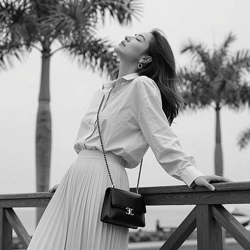 Woman Relaxing by Wooden Railing with Palm Trees