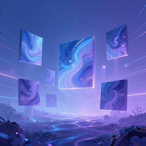 Digital art: Floating, glowing abstract blue and purple marbled canvases suspended in a futuristic, illuminated environment with neon lights and mist.
