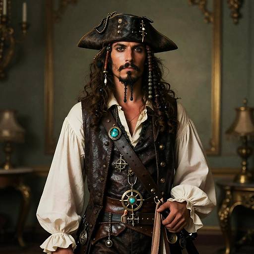 Roguish 1710s Sky-Pirate in Lavish Setting