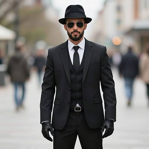 Photograph of a stylish man in a black suit, tie, and fedora, wearing sunglasses and black gloves, standing in a blurred city street.