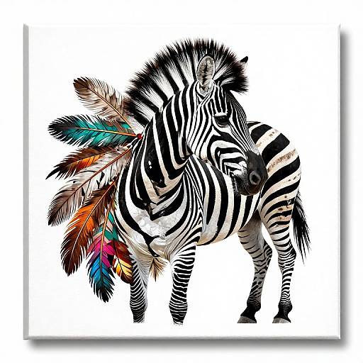 Colorful digital illustration of a zebra with vibrant feathers in brown, orange, blue, and green adorning its left side. White background. Bold