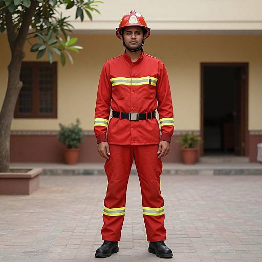 Photograph of a male firefighter standing in front of a yellow building, wearing a red uniform with yellow stripes, black belt, and helmet, on a
