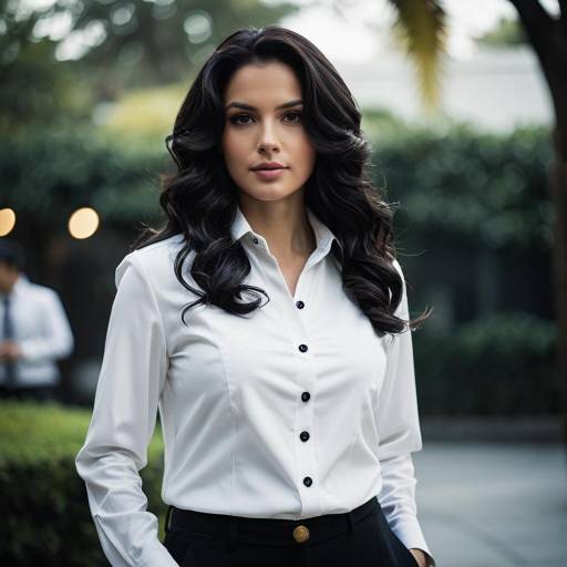 Confident woman in white blouse and dark pants