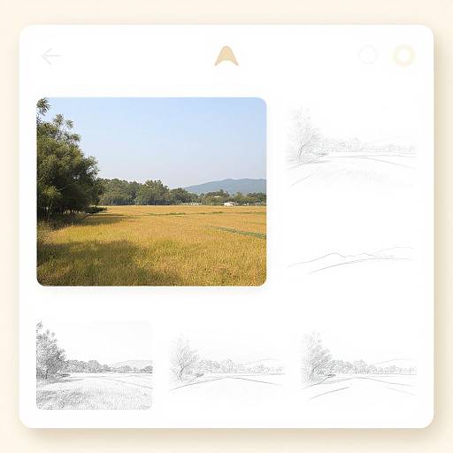 Photograph of a sunlit, golden wheat field with a few trees on the left, distant mountains, and a clear blue sky, framed by a