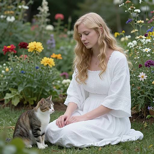 Photograph of a blonde woman in a white dress sitting on grass, gazing down at a tabby and white cat, surrounded by colorful flowers.