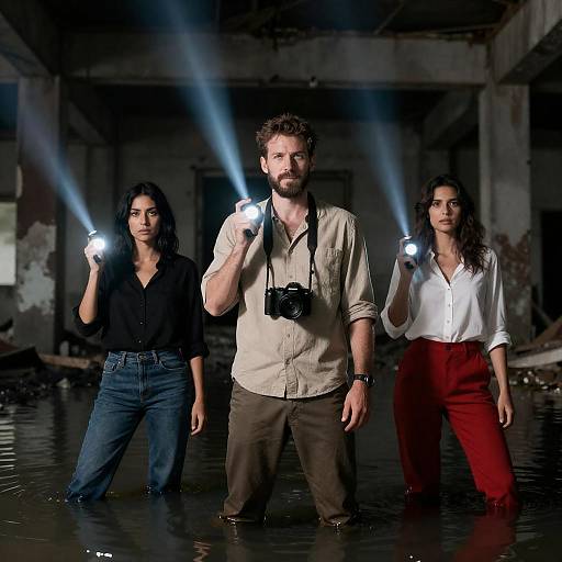 Three People Exploring Dark Flooded Building with Flashlights