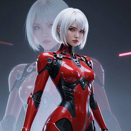 Digital CGI of a white-haired woman in a glossy red and black futuristic bodysuit, standing against a holographic image of herself.