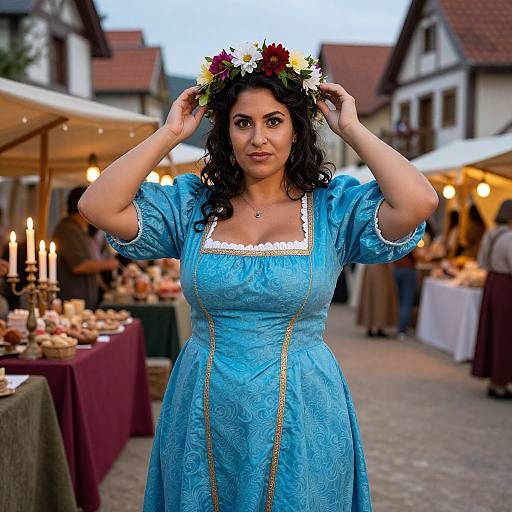 Photograph of a curvy woman with dark curly hair, wearing a blue Renaissance-style dress with white lace, adjusting a flower crown in a bustling outdoor