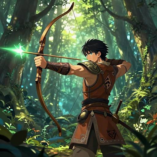 Anime-style digital artwork of a muscular, black-haired archer in brown armor shooting a glowing green arrow in a sunlit forest.