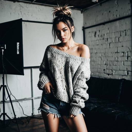 Young Woman in Cozy Sweater and Denim Shorts