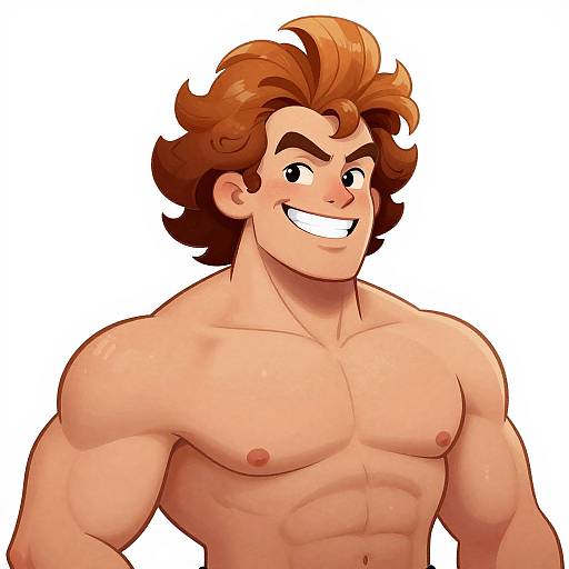 Digital cartoon of a muscular, shirtless man with brown wavy hair, large grin, and prominent abs, set against a plain white background.
