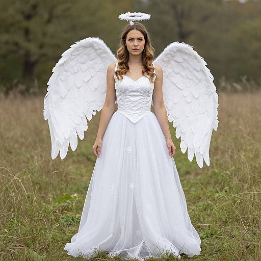 Photograph of a woman with long brown hair, white angel wings, halo, and white dress standing in a grassy field.