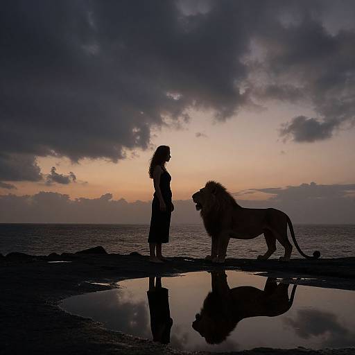 Silhouetted woman and lion stand on rocky shore at sunset, reflected in water, under dramatic cloudy sky. Photograph.