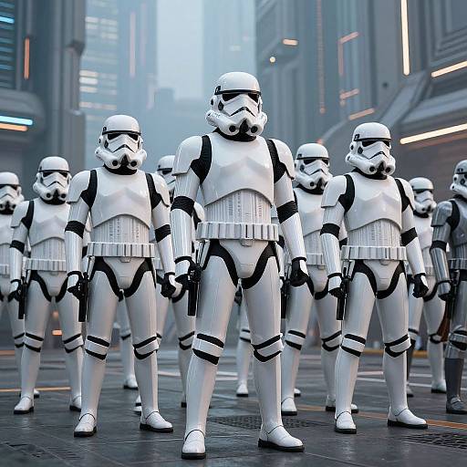 CGI image of a line of white and black Stormtrooper clones standing in a futuristic, foggy city street with tall buildings.