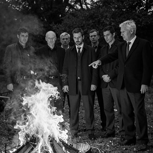 Men in Suits Standing by Fire
