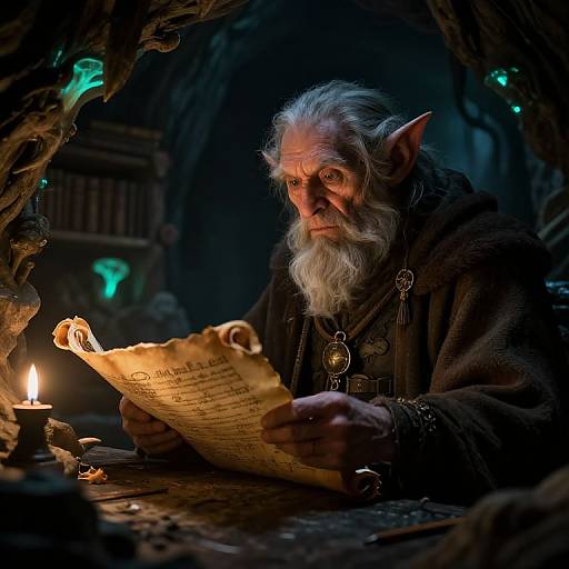 Photograph of an elderly, white-bearded elf with pointed ears, illuminated by candlelight, reading ancient parchment in a dark, mystical cave.