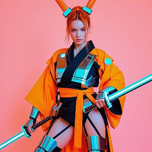Cyberpunk Female Samurai with Neon Orange Kimono